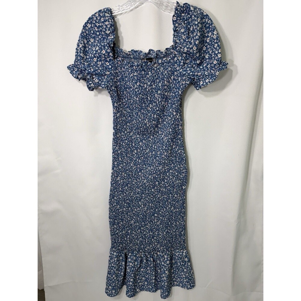 PrettyGarden Dress Sz. Small Blue Floral Smocked Puff Sleeves Ruffle Hem Mermaid
